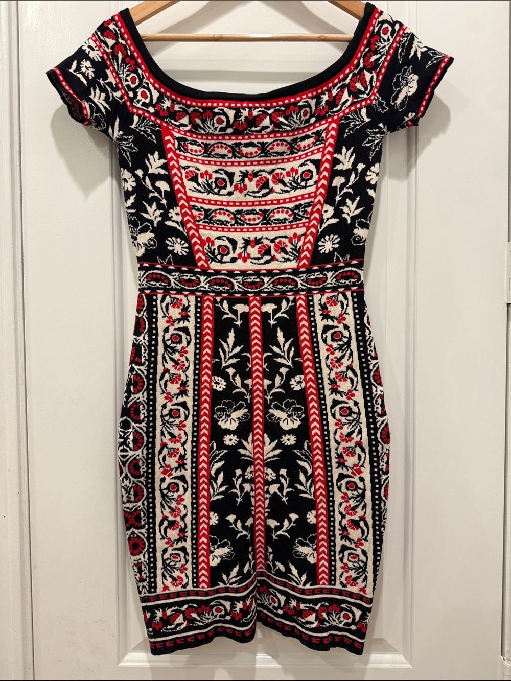 Chelsea & Violet Black, Red & Cream Embroidered Midi Sweater Dress